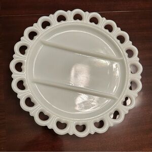 Vintage Milk Glass White Ceramic Divided Plate with Scalloped Edges
